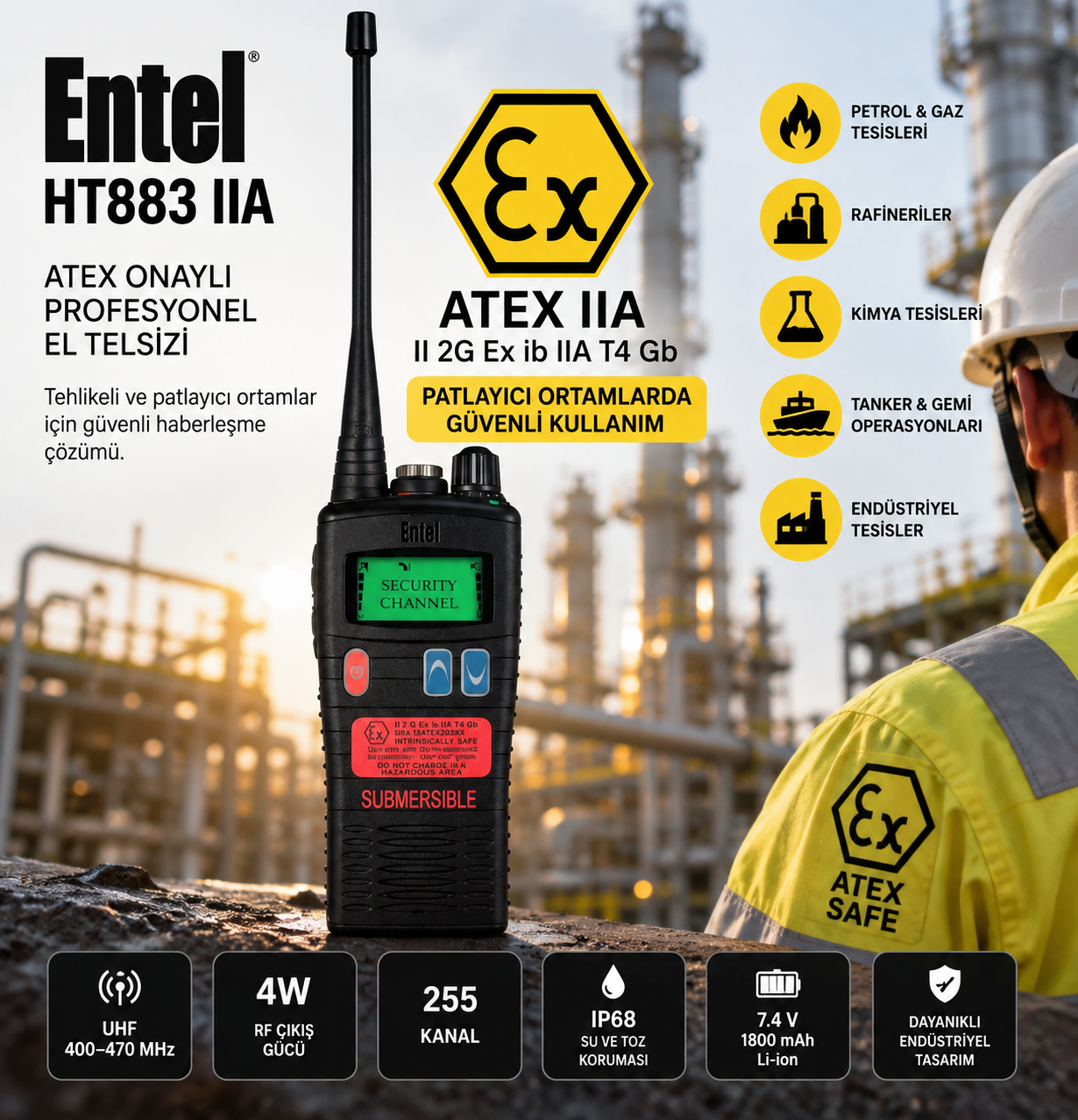 ENTEL HT883 IIA ATEX Yanıcı Patlayıcı Ortama Uygun Profesyonel El Telsizi